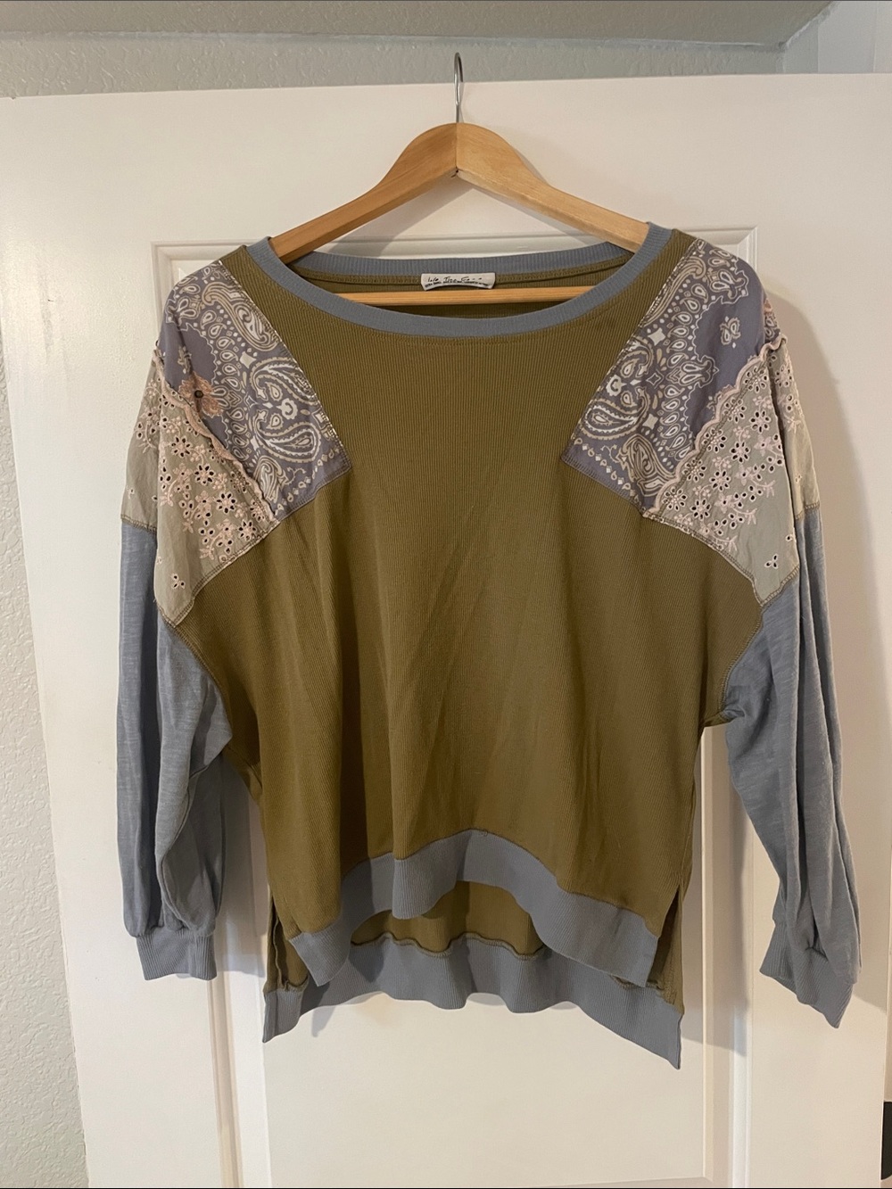 We The Free Olive Green and Gray Patchwork Pullover
